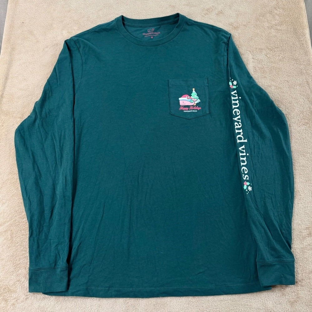 Vineyard Vines Pocket Shirt Mens Medium Green Holiday Whale Logo Long Sleeve EUC